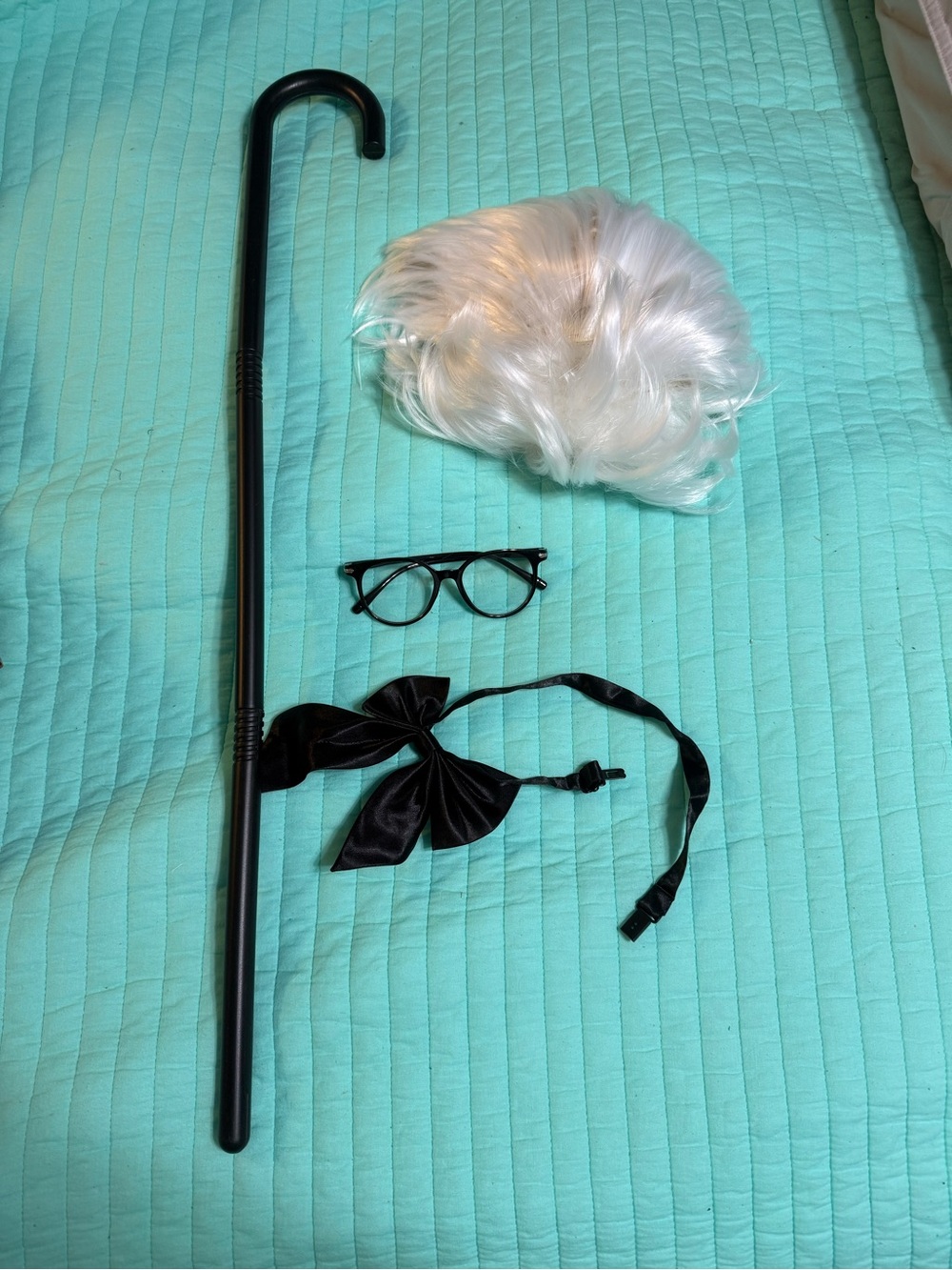Black Satin Bow Neck Tie with Matching Glasses and Cane - Black